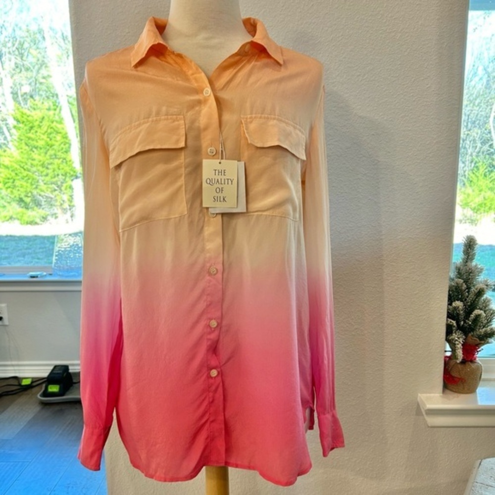 Victoria’s Secret 100% silk orange and Pink Ombre button front Blouse medium